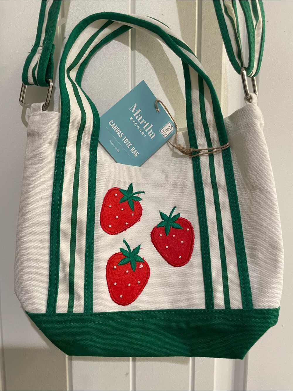 Martha Stewart White Canvas Tote with Green Trim and Red Strawberry. Crossbody